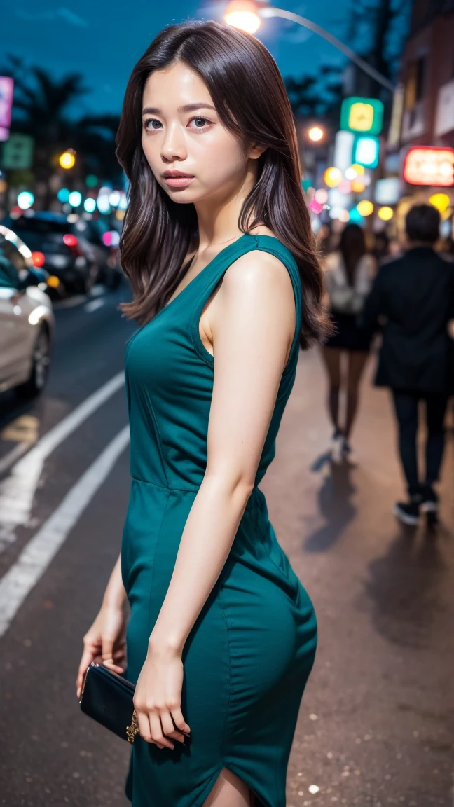 a beautiful young japanese woman, 24 years old, with healthy thighs, beautiful legs, flawless skin, random hair color and hairstyle, large breasts, a hostess wearing a hostess dress, high heels, full body shot, holding a purse in one hand, on a busy city street at night, (best quality,4k,8k,highres,masterpiece:1.3),(extremely detailed:1.2),detailed anatomy,photorealistic,vibrant colors,dramatic lighting, sakuradahiyori