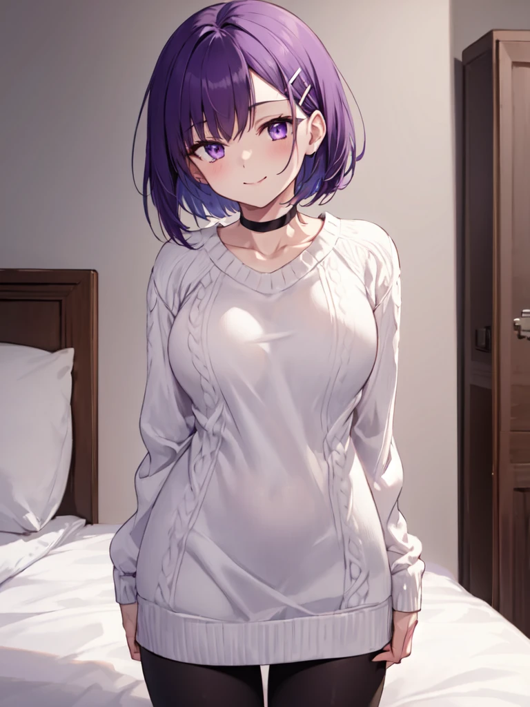  1 girl, solo, Purple Hair,  bob hair, Beautiful breasts, medium chest ,White sweater, sweater dress, BLACK CHOKER , hair clip,leggings,Slanted Eyes, Light purple eyes,  closes her mouth,  smiles, Seductive Smile , standing,Hands Behind Back, high definition ,  simple backgrounds per person, bedroom, best quality,  Anatomically Correct, masterpiece,