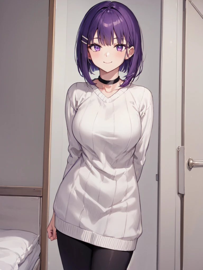  1 girl, solo, Purple Hair,  bob hair, Beautiful breasts, medium chest ,White sweater, sweater dress, BLACK CHOKER , hair clip,leggings,Slanted Eyes, Light purple eyes,  closes her mouth,  smiles, Seductive Smile , standing,Hands Behind Back, high definition ,  simple backgrounds per person, bedroom, best quality,  Anatomically Correct, masterpiece,