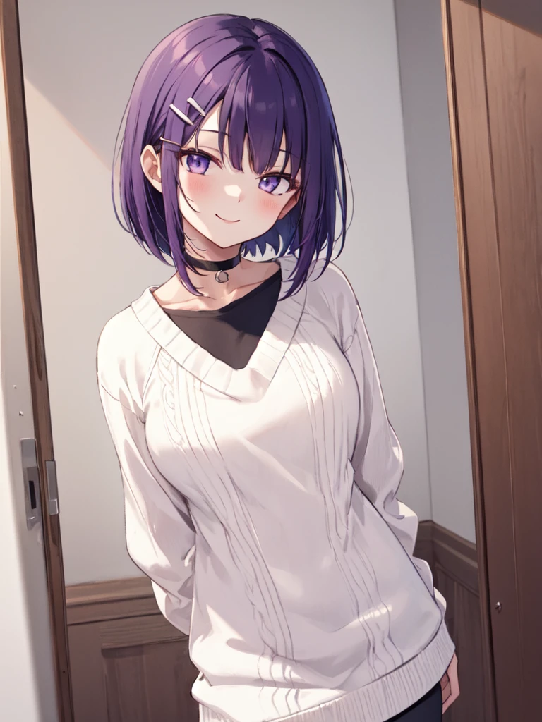  1 girl, solo, Purple Hair,  bob hair, Beautiful breasts, medium chest ,White sweater, sweater dress, BLACK CHOKER , hair clip,leggings,Slanted Eyes, Light purple eyes,  closes her mouth,  smiles, Seductive Smile , standing,Hands Behind Back, high definition ,  simple backgrounds per person, bedroom, best quality,  Anatomically Correct, masterpiece,