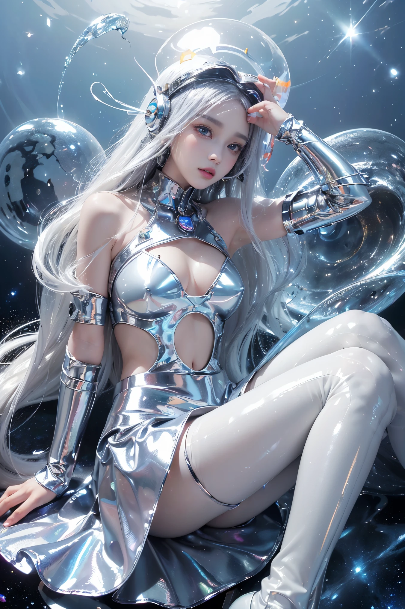 Enchanted woman happy to raise her hand Perfect beauty Beautiful white skin beautidful eyes Lustrous lips Lovely smile Gorgeous white hair amazing tattoos all over the body, Lollipop costume designed in white and black Functional head phone Spaceship ship