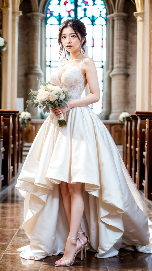 A beautiful young Japanese woman, 26 years old, with healthy thighs, beautiful legs, flawless skin, random hair color and style, large breasts, wearing a (wedding dress:1.3), full body shot, high heels, holding a bouquet in her hands, in a church setting, (best quality,8k,masterpiece:1.3),(extremely detailed:1.2),perfect anatomy, sakuradahiyori