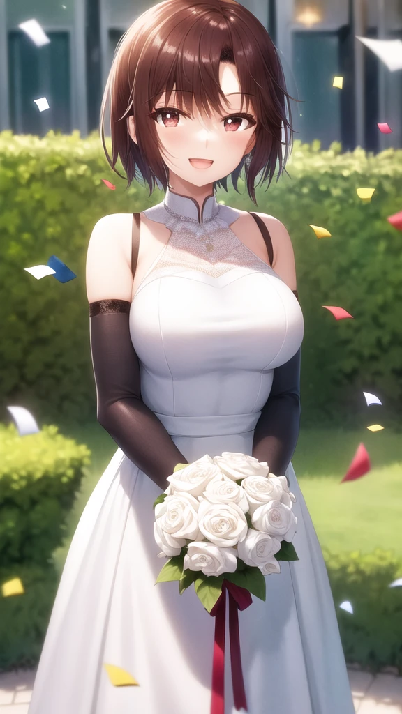 masterpiece, best quality, girl, solo, looking at viewer, yuuta_kadowaki, large breasts, wedding Dress, standing, garden, confetti, holding bouquet, smile, open mouth,