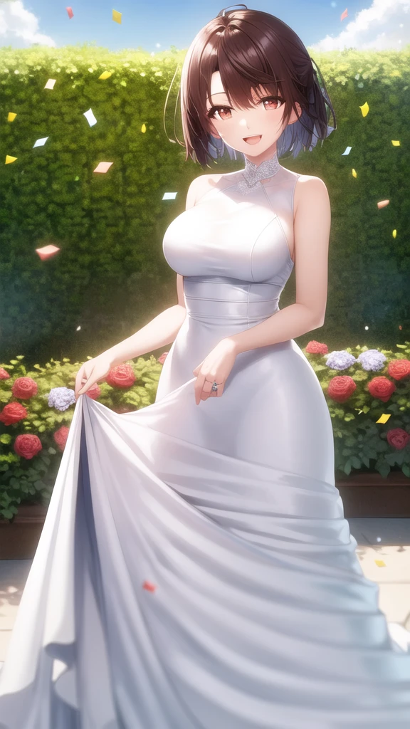 masterpiece, best quality, girl, solo, looking at viewer, yuuta_kadowaki, large breasts, wedding Dress, standing, garden, confetti, holding bouquet, smile, open mouth,