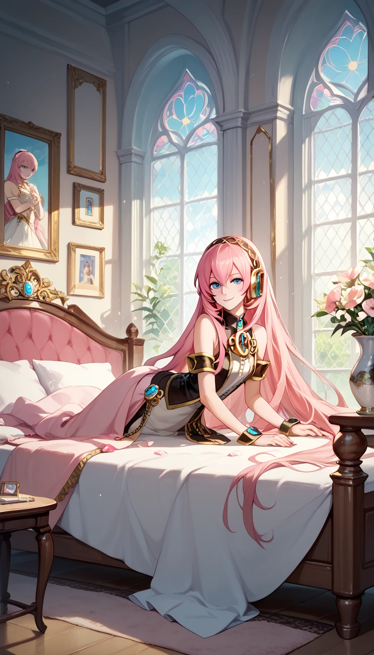 Erotic NSFW,(masterpiece), beautifully and in detail, vocaloid ,Official art style, Adult Older Sister,Megurine Luka, pink hair,Blue Eyes,lure,front,bedroom