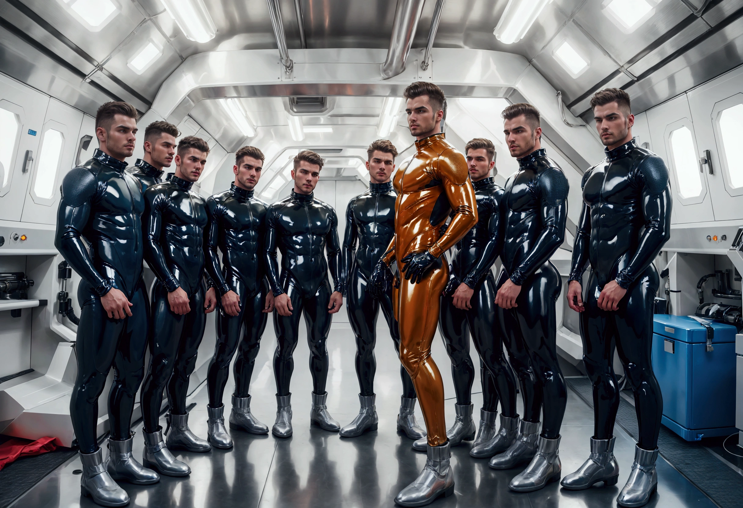 Make a naked male cyborg who is having sex with a human male both with a realistic