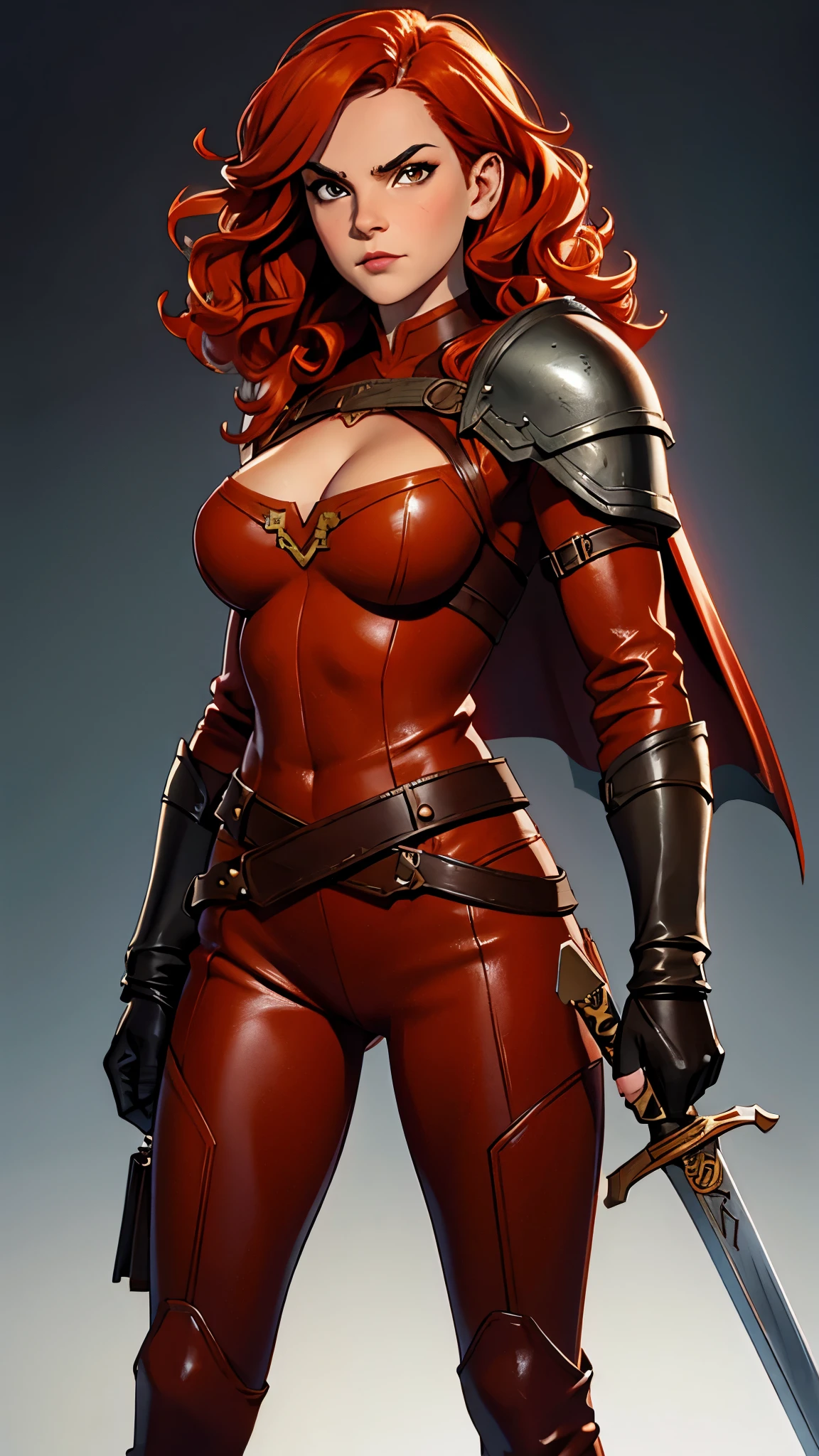 Emma Watson, Beautiful redhead nordic warrior orange curly hair muscular body perfect breasts leather pant armor leather cape with fluff edge holding large sword detailed face would cheekbones blushing rendered image posing heroically