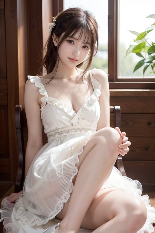  Japanese model woman is sitting on a chair wearing a dress and heels,  Elegant Dress ,  white and black dress ,   romantic dress, Rococo style ruffle dress ,  Feminine Girly Dress , wearing an  Elegant Dress ,   royal elegant pose , Wear a white dress 、 looking at the camera、Detailed and beautiful eyes、 cute smile、Soft and gentle relaxed expression 