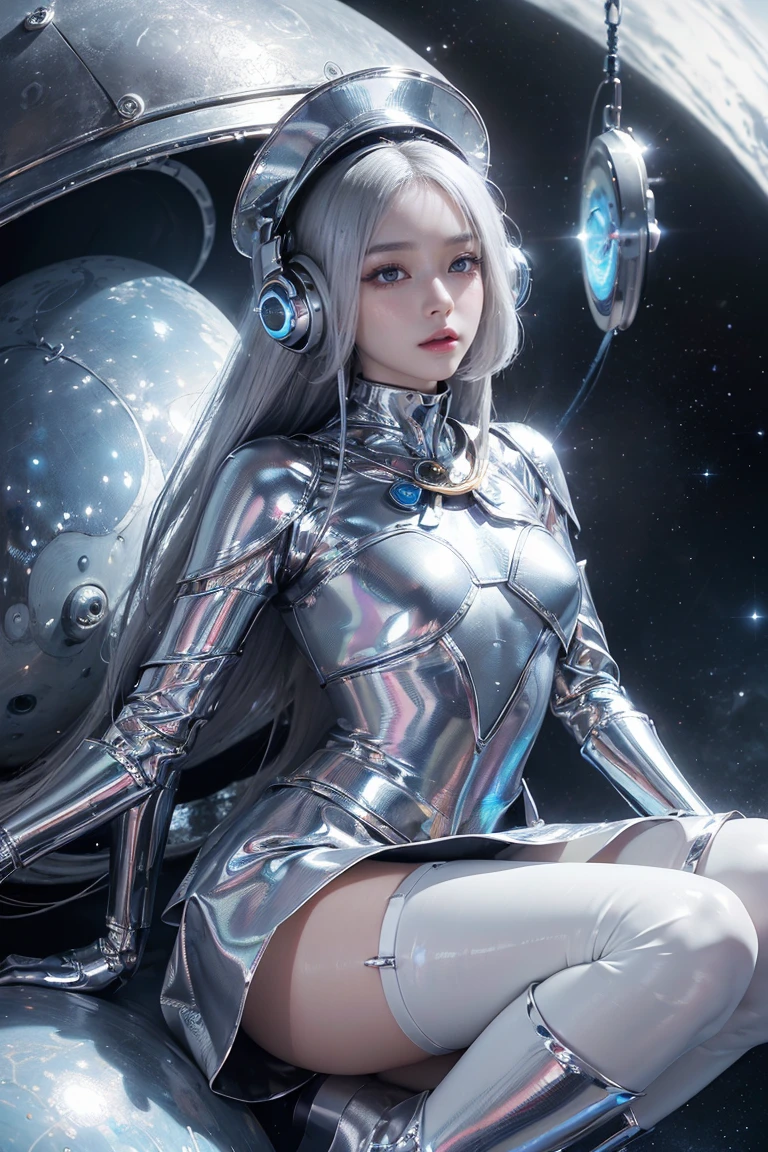 Shibuya、Hatsunemiku、(ultra realisic), (Space illustrations), (high resolucion), (8K), (highly detaild), (the best illustration), (Beautiful detailed eyes), (Best quality at best), (A highly detailed), (Masterpiece), (Space Wallpapers), (Detailed face), Solo、, 1 rapariga, Disheveled aristocratic space costume、White hair, Iris bichromatic eyes, small mole under eyes, Medium chest, Long leg、Amazing composition、Foot headbands、Beautiful and delicate legs