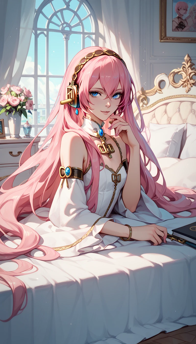 Erotic NSFW,(masterpiece), beautifully and in detail,Vixon's Anim Styles, vocaloid , Adult Older Sister,Megurine Luka, pink hair,Blue Eyes,lure,front,bedroom