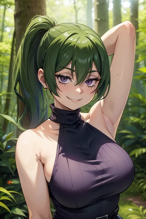 1 hot girl, green hair, side ponytail, purple eyes, grin, gorgeous, ubel, hands behind back, mischievous, sweater dress, sleeveless, bare legs, closeup, portrait, at forest, upper body, arms up, showing of armpits, sweaty armpits