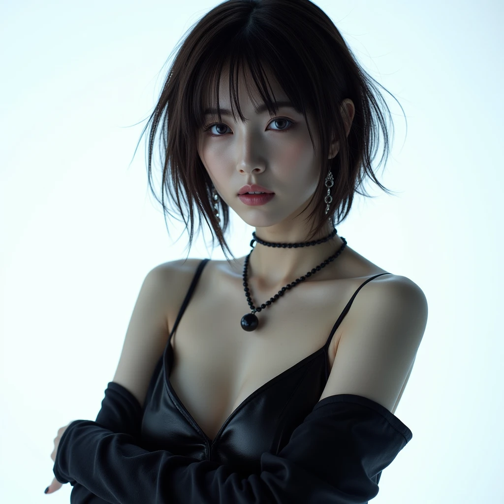 NSFW,(highest quality,8k,32k,masterpiece,Ultra-high resolution:1.2),Beautiful Japanese women in photos,Big cleavage,very short bob hair,Upper Body,Face Focus,choker necklace,Simple Background,Shot from above,View your viewers,((The photographer's penis、the penis))、Black Hair、18 ~ Random age between 35 years old、blush:2.0、Embarrassed look、Sweaty