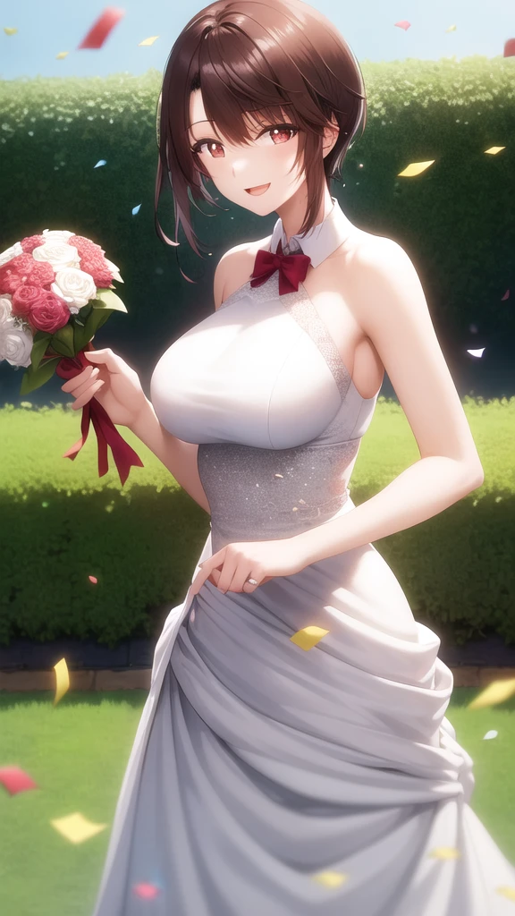 masterpiece, best quality, girl, solo, looking at viewer, yuuta_kadowaki, large breasts, wedding Dress, standing, garden, confetti, holding bouquet, smile, open mouth,