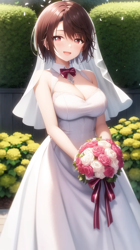 masterpiece, best quality, girl, solo, looking at viewer, yuuta_kadowaki, large breasts, wedding Dress, standing, garden, confetti, holding bouquet, smile, open mouth,