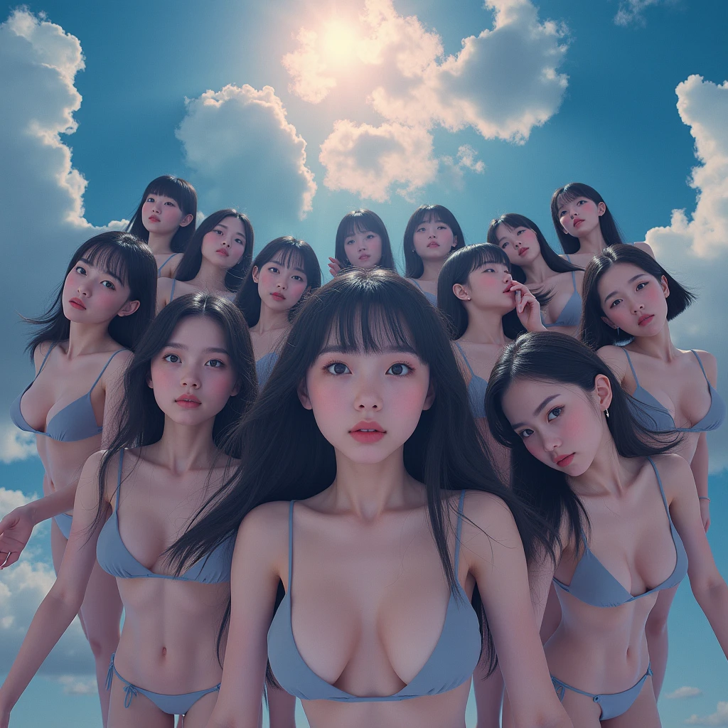 NSFW,masterpiece,(best quality:1.4),(8k,raw photo,photo realistic:1.2),best quality,high quality, masterpiece,detailed,high resolution,shiny skin,detailed skin,detailed face,detailed eyes,mutated hands and fingers,lightning body,(top-quality, masterpiece: 1.1), ,Naked Femele Japanese Two women's,nipple,navel,vagina,nude,smile face,summer,daytime,resort beach,blue sky,wrestling kick pose,black hair,smile face,