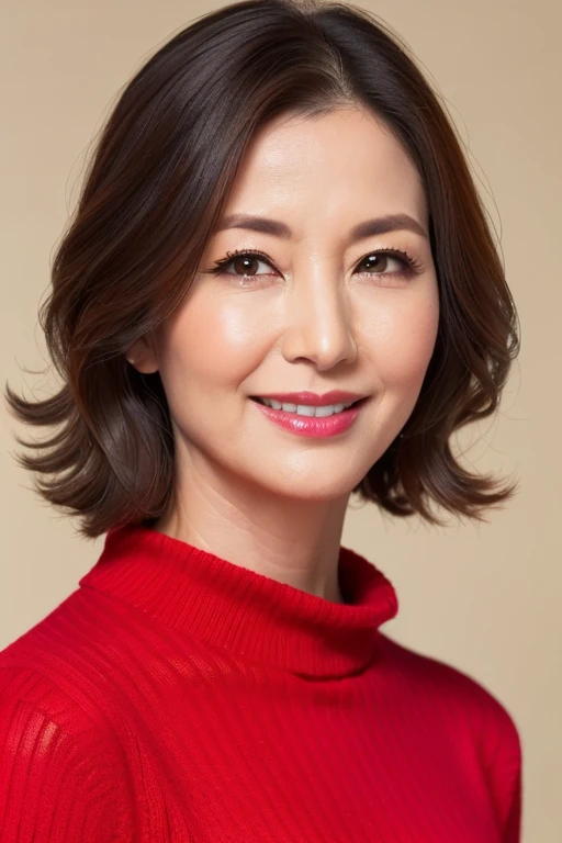 (High reality photograph, high resolusion, detailed face, detailed eyes) Skinny Japanese lady, 40 years old, cute face, solo:1, lovely body, skinny figure, small breasts, thin chests, emphasizing very skinny waist, a turtleneck sweater, a fleece, waist-up photo