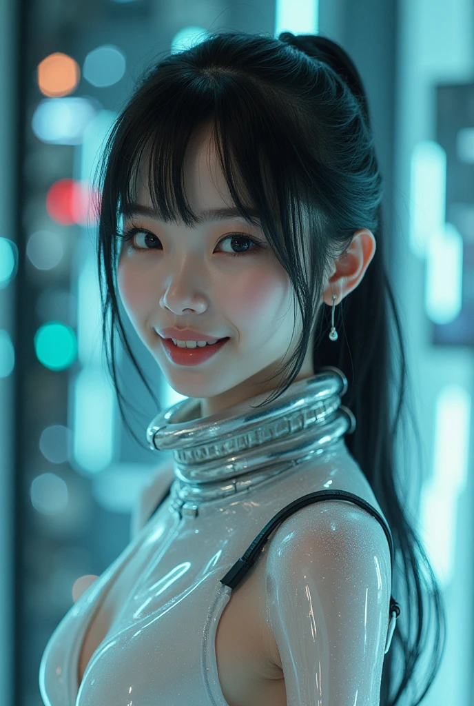((masterpiece)), super high quality, curly high ponytail girl, gray hair, cyberpunk style, blowing bubble candy, dressed in cyberpunk street style clothing. The whole painting is full of science and technology culture, the face is grim, exuding a glacier-like aura, petite body type, dynamic posture, golden section, lens highlights focus, Large Diameter, side light effect, white background, clear details, Light tones, very impactful picture, clear brush, Full of details, bright eyes, light and shadow tracking