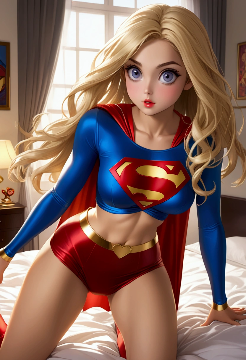 A cute woman(age 20, role of Super Girl, big bright eyes, long silky blonde hair, sexy outfit deep cleavage neckline and belly exposed) Striking a heroic pose, bedroom with open windo)
