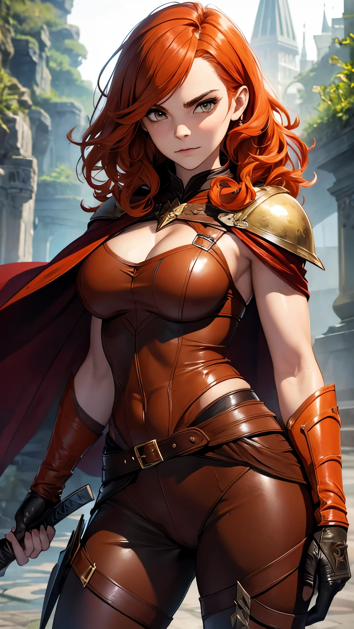 Emma Watson, Beautiful redhead nordic warrior orange curly hair muscular body perfect breasts leather pant armor leather cape with fluff edge holding large sword detailed face would cheekbones blushing rendered image posing heroically