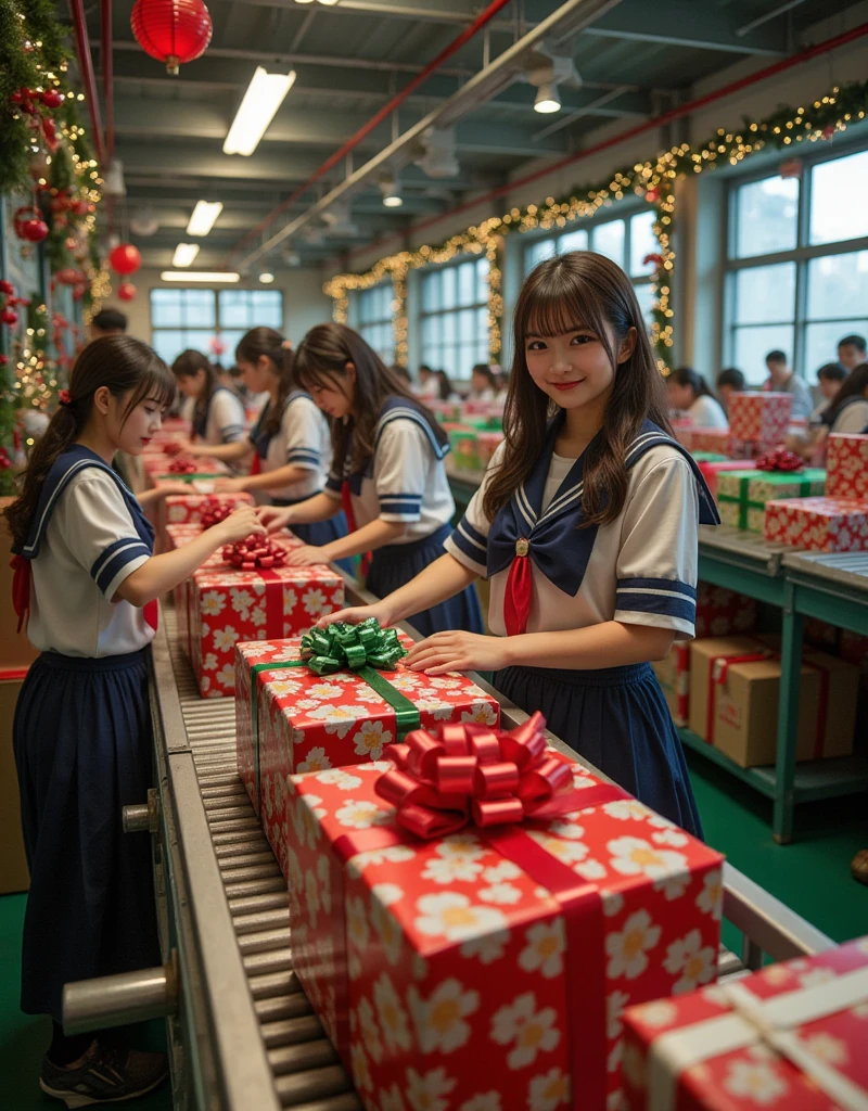 documentary photo, ultra-realistic, photorealistic, dramatic scene, shadow, global-illumination, these clone girls are all Japanese high school student, wearing a sailor uniform, these clone student girls are working at the Christmas present factory, many Christmas decorated boxes of Christmas present are carried on the conveyor belt, the factory is decorated with festive Christmas illuminations