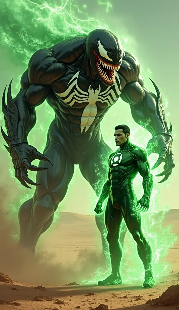 poster,((obra maestra impresionante)), (Ultra resolution 8K), Striking illustration of Venom symbiote fused with green lantern Hal Jordan, poderosa mezcla, Green Lantern and Venom Epica Original Combination, linterna verde vestido del simbionte Venom, obra maestra sin antecedentes,Traje Cyberpunk,Symbiotic wings, Ring that forms symbiotic weapons, Illustration by Hetera, dark ilumination, Spectral illumination