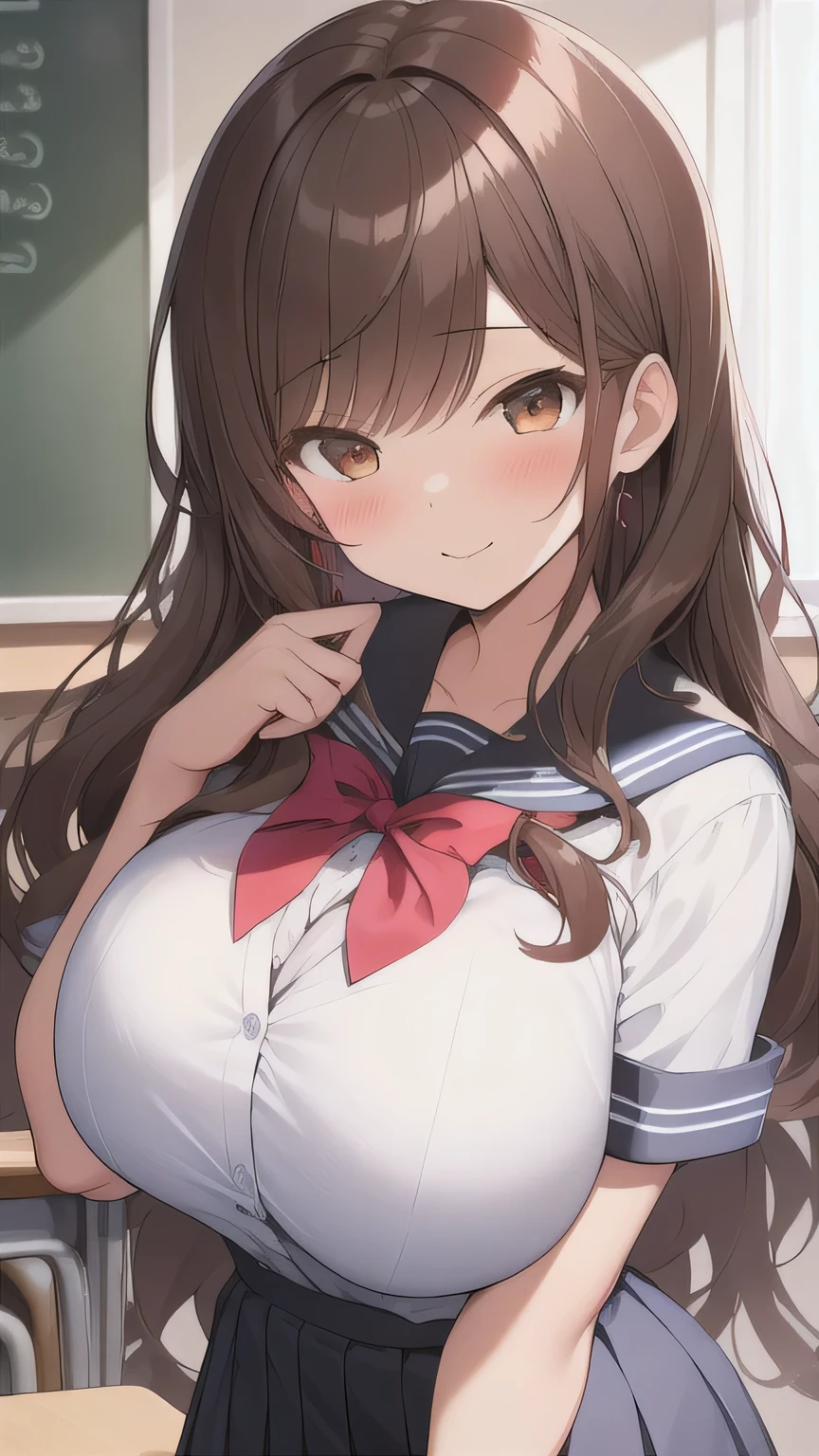 solo girl,20 years old, from above,medium hair,ponytail hair,looking at viewer, brown hair, brown eyes, one eye close,medium breast,rabbit ears,head band,happy,pleated skirt,sailor suit,long sleeves,black leggings,indoors,school,Best Quality, High resolution, Extremely detailed, Detailed background, Perfect Lighting