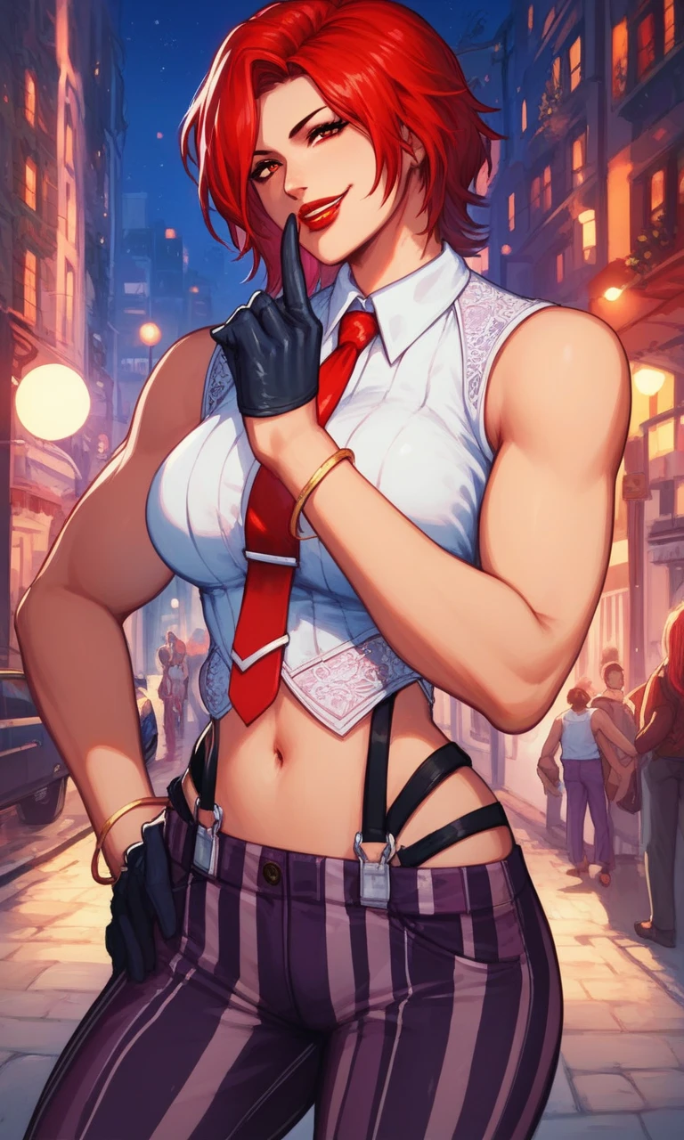 score_9, score_8_up, score_7_up, score_6_up, source_anime, BREAK masterpiece, VanessaKOF, red hair, short hair, sleeveless shirt, red necktie, black gloves, striped pants, navel, suspenders, seductive smile looking at viewer,  red lips, shushing, finger to mouth, upper body, cityscape, street, night, looking at viewer, bracelet,