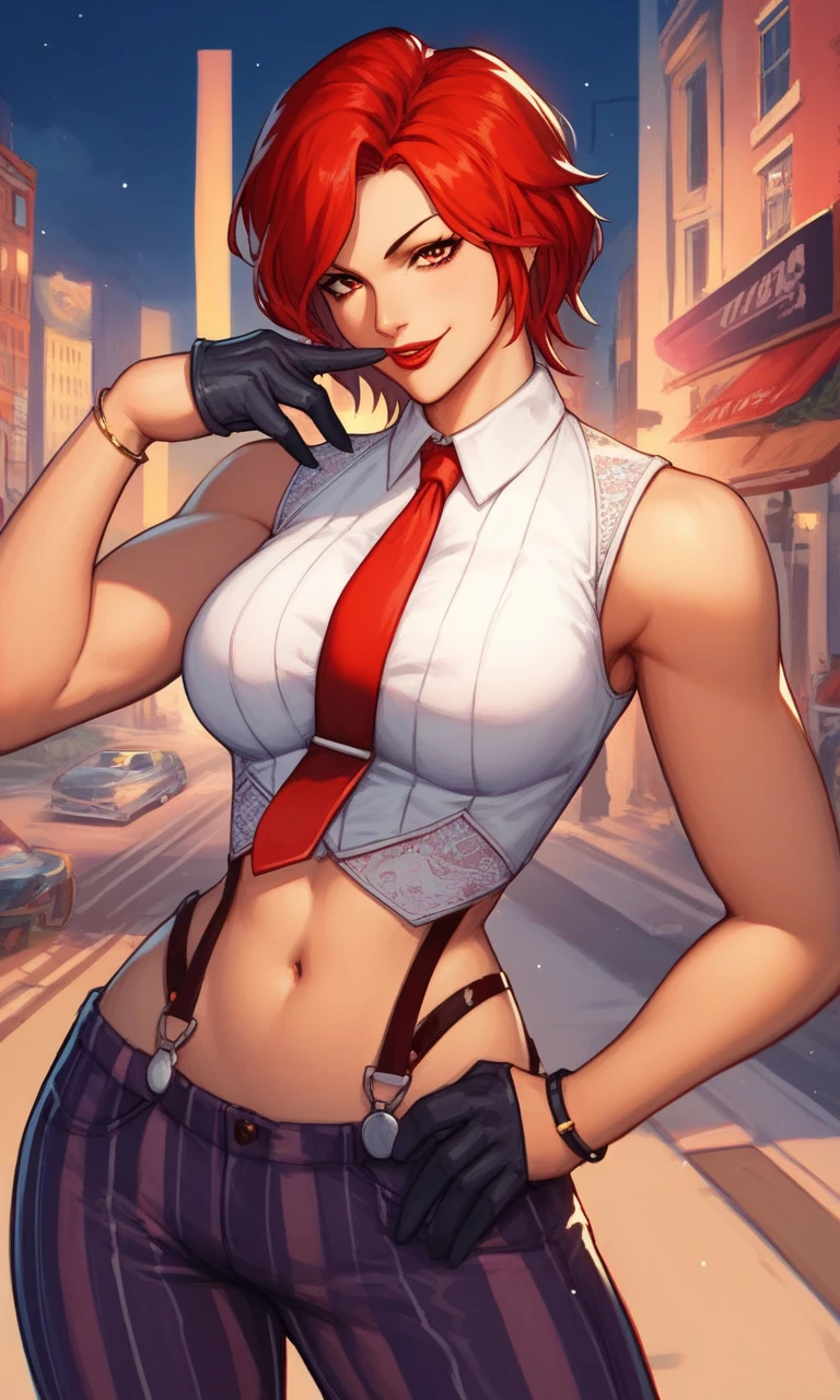 score_9, score_8_up, score_7_up, score_6_up, source_anime, BREAK masterpiece, VanessaKOF, red hair, short hair, sleeveless shirt, red necktie, black gloves, striped pants, navel, suspenders, seductive smile looking at viewer,  red lips, shushing, finger to mouth, upper body, cityscape, street, night, looking at viewer, bracelet,