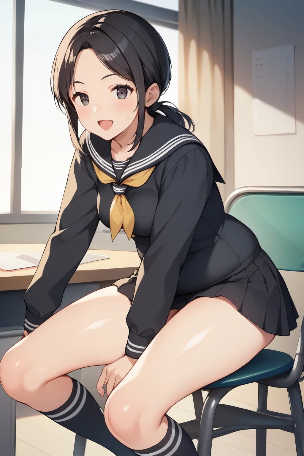  score_9,  score_8_up,  score_7_up,  source_Anime BREAK，nsfw，( detailed biography :1.2)， fisheye lens，High image quality， best quality,  Masterpiece ,（  dirty black ankle socks back side  :1.5）、Very young girl ， short， toddler figure ， chest hanging from behind ， sitting on a chair ， Long Sleeve Black Sailor Suit and Middle Skirt， chubby female middle school student，（Broad shoulders:1.2），shiny skin， black hair ， Low Ponytail  （  split your bangs outside the spaceship），（ Thin, thin eyebrows  ）、（Wide forehead）、 I sweated、  best quality,     highest resolution， fall leaves for vaginal discharge， illustration style 