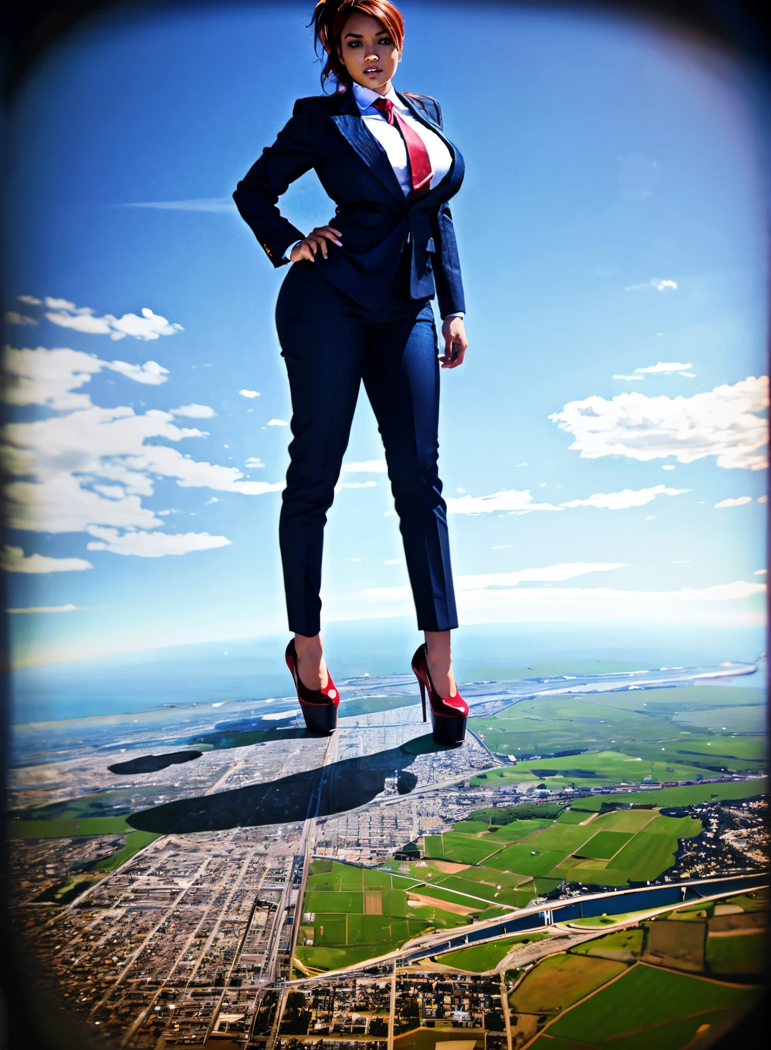 Giantess art 1:4, highly detailed giantess shots, giant ginger bbw woman full body view, giga giantess, giantess art massive compared to a city,  huge breasts, light navy blue pinstriped suit white tailored shirt done up thick and very large Windsor knot navy blue tie Has ponytail   Wearing a pair of  red polished platform heels Professional attire A look of enjoyment, Beautiful appearance, smile,  (view from the ground)giga goddess, full body view, stepping on skyscarpers, viewed from a tiny croud in the city