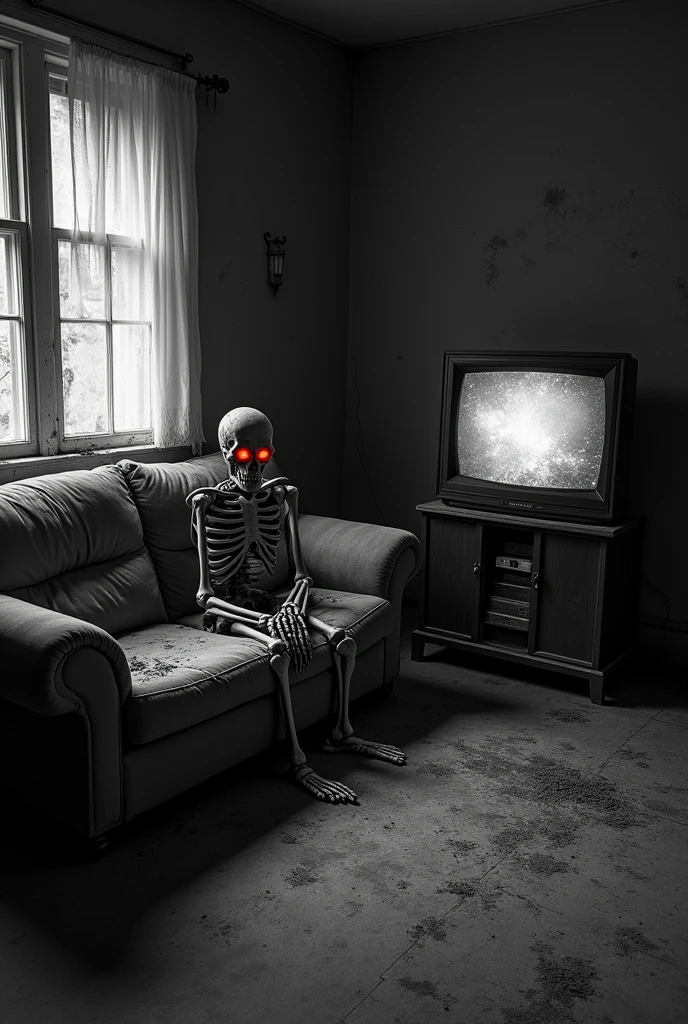 an antique armchair and sitting in it, a skeleton of a man with a cigarette in his hand, with a hat in front of him, at a table where there is an old radio playing, which suggests that he is listening to the radio. Around them shadows, ghosts of souls that also listen to the radio, their surroundings seem like that of a very old house, dusty spider webs. It causes a feeling of fear, through the window you can see an old forest.