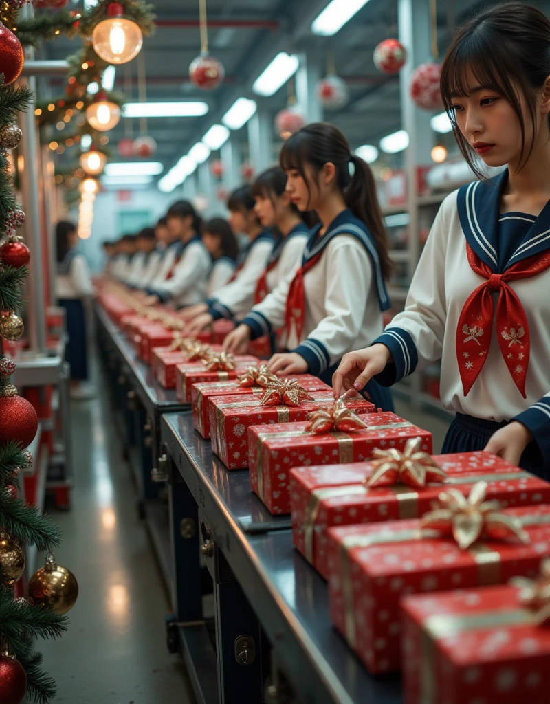 documentary photo, ultra-realistic, photorealistic, dramatic scene, shadow, global-illumination, these clone girls are all Japanese high school student, wearing a sailor uniform, these clone student girls are working at the Christmas present factory, many Christmas decorated boxes of Christmas present are carried on the conveyor belt, the factory is decorated with festive Christmas illuminations