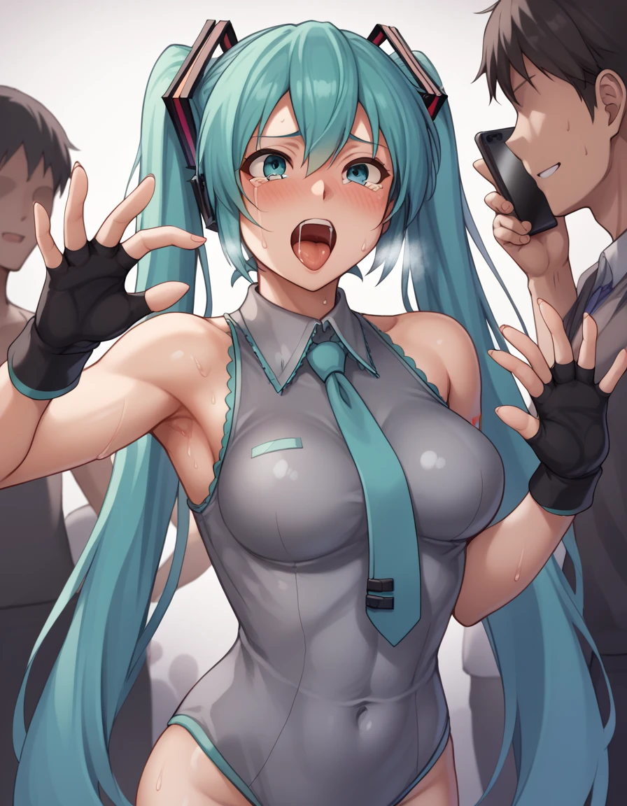 Hatsune Miku, A bodysuit worn under clothing, Fingerless gloves, leotard, Removable sleeves、Photographed with a smartphone、、、Escape to, score_9, score_8_superior, score_7_superior, score_6_superior, score_5_superior, score_4_superior、Inspired by Japanese manga style, Manga style, How to draw manga, Digital drawing, An 8K masterpiece depicting a Japanese manga about girls in their twenties, Act as a slave, Anguished expression, A gesture of defeat,  . She is crying and screaming. , shortness of breath, , close your eyes, fatigue, Sweaty. . My open fingers are rough. whole body. . Six Pack Abs. . information. Surrounded by a crowd.full body