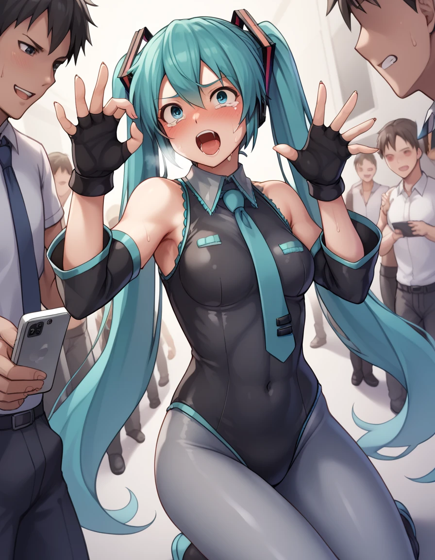 Hatsune Miku, A bodysuit worn under clothing, Fingerless gloves, leotard, Removable sleeves、Photographed with a smartphone、、、Escape to, score_9, score_8_superior, score_7_superior, score_6_superior, score_5_superior, score_4_superior、Inspired by Japanese manga style, Manga style, How to draw manga, Digital drawing, An 8K masterpiece depicting a Japanese manga about girls in their twenties, Act as a slave, Anguished expression, A gesture of defeat,  . She is crying and screaming. , shortness of breath, , close your eyes, fatigue, Sweaty. . My open fingers are rough. whole body. . Six Pack Abs. . information. Surrounded by a crowd.full body