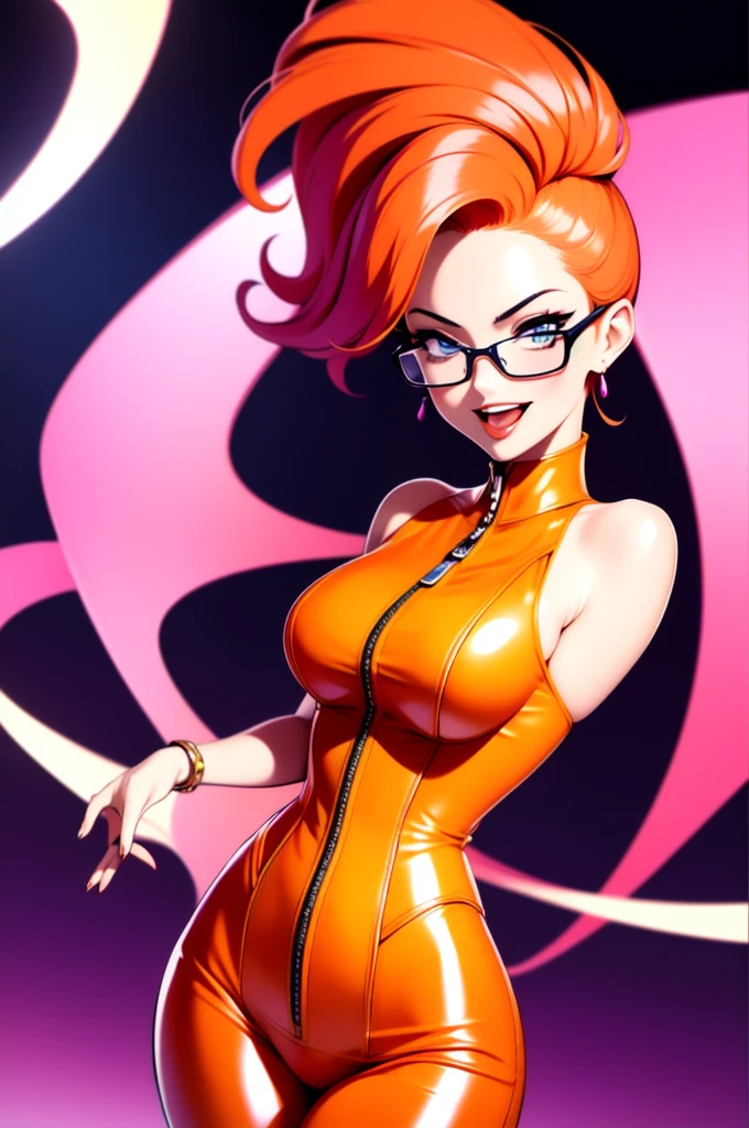 anime artwork 1girl, solo,   dress, dark orange dress, (sleeveless), (center opening:1.2) unzipped, large propositional breasts, breasts apart,   high quality, best quality, highres, high detail, (cel shading, lineart) (art by Osamu Tezuka) 1980s-themed costume , iconic movie characters, vibrant dance floor, nostalgic hits blaring, playful impersonations, laughter, a night of escapism Rose trim semi-rimless eyewear,  . anime style, key visual, vibrant, studio anime,  highly detailed.