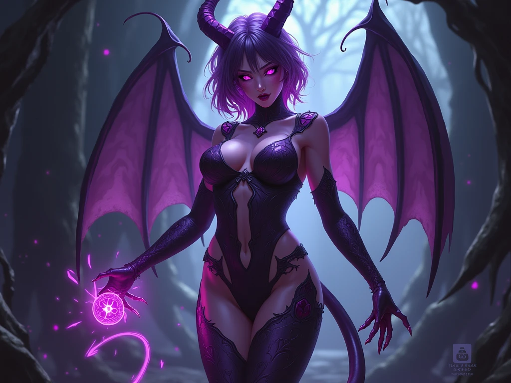 Rihanna hyper-giant, Hyper-powerful demon with two demon horns on his head and demon wings, Purple lightning fire on a building and shatters buildings , ville en ruine post apocalyptique,