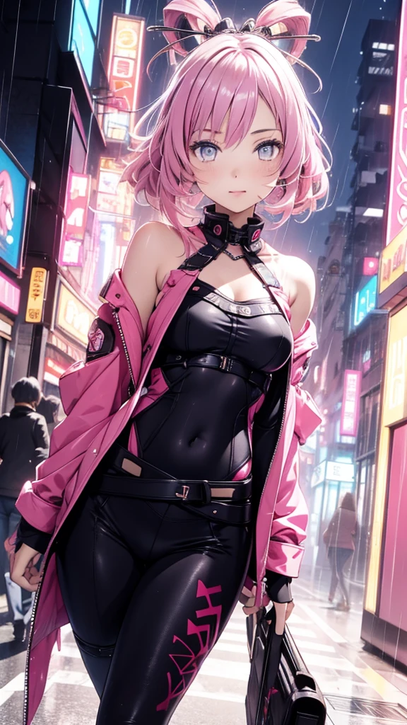 portrait,  1 girl,  pretty face ,  asymmetrical hair,  pink hair, happy，Charm，sash,  Bodysuit , Cover your mouth,  cover navel ,  separated sleeve ,  grey eyes ,  hip vent , Slit Jacket,  charming,  watching the audience, Night City, neon, rain,