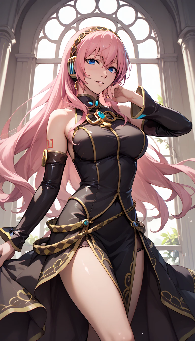 Erotic NSFW,(masterpiece), beautifully and in detail,ishigaki takashi Styles, vocaloid , Adult Older Sister,Megurine Luka, pink hair,Blue Eyes,Big Breasts,Black clothes,lure,erotic pose,front,bedroom