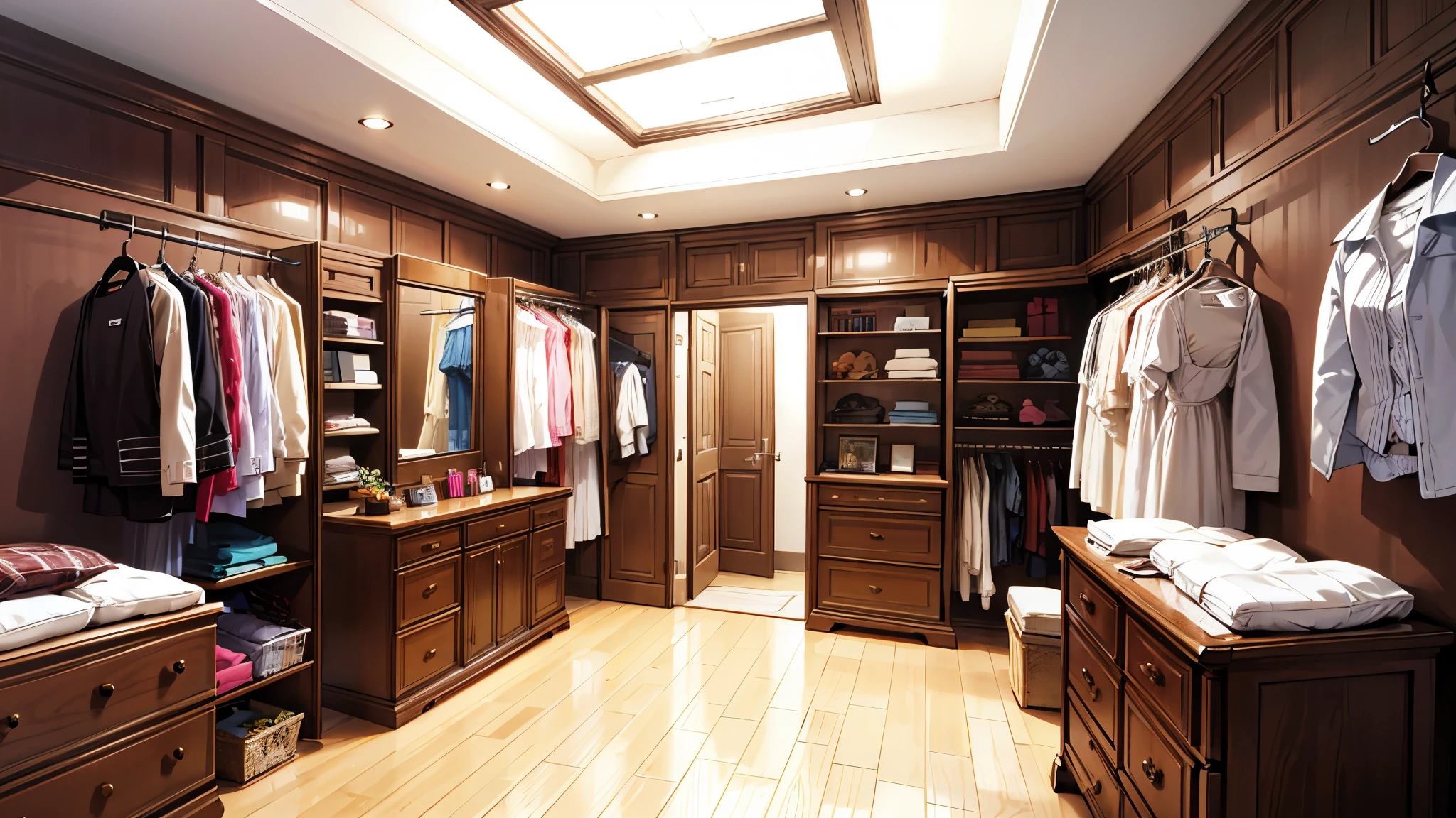 Create me a wardrobe room for women's underwear , dressing room women's underwear with brown walls, cuarto without windows, room with sexy lingerie clothes for women ., cuarto without windows, without windows, Do not place windows