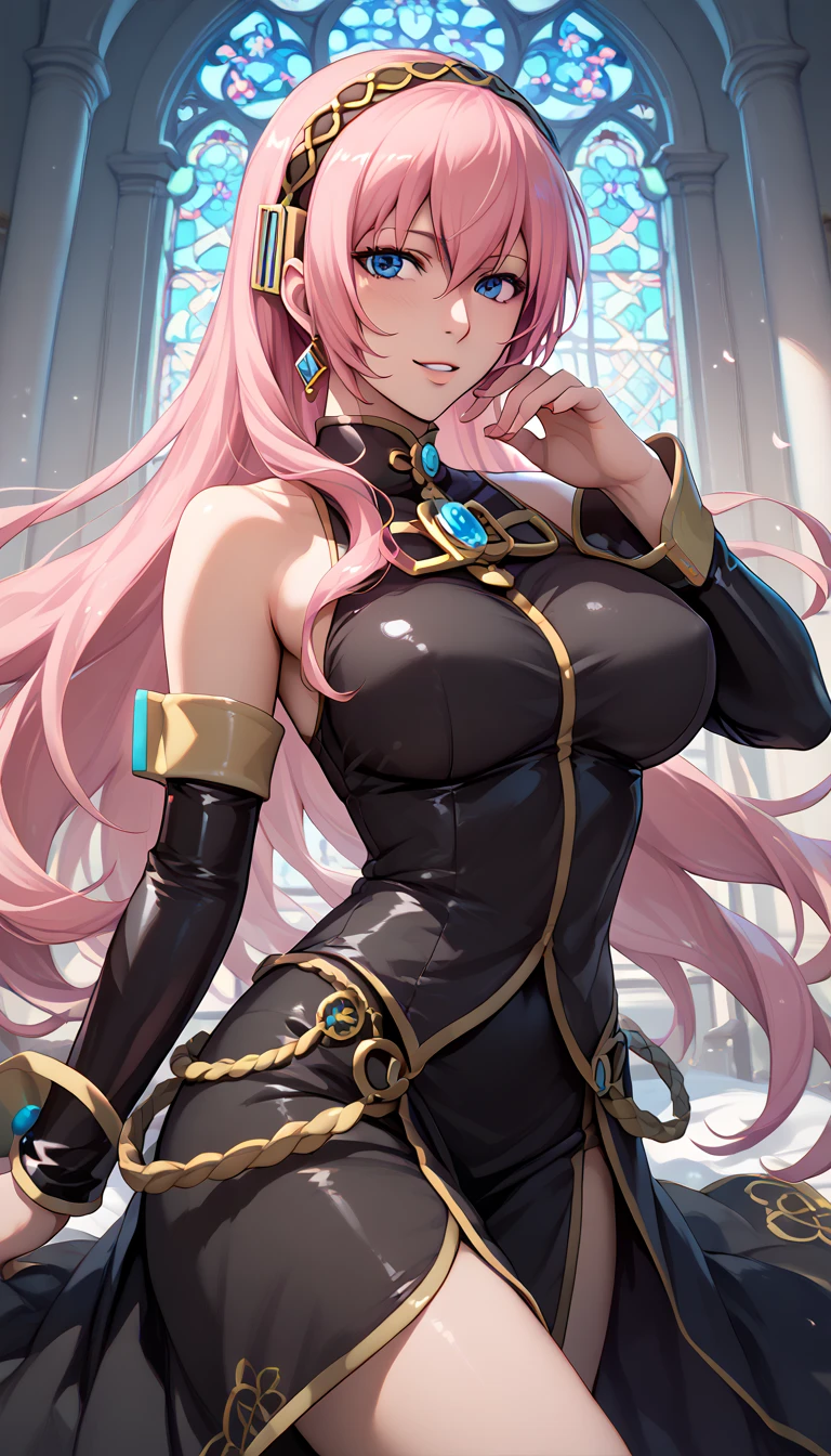 Erotic NSFW,(masterpiece), beautifully and in detail,ishigaki takashi Styles, vocaloid , Adult Older Sister,Megurine Luka, pink hair,Blue Eyes,Big Breasts,Black clothes,lure,erotic pose,front,bedroom