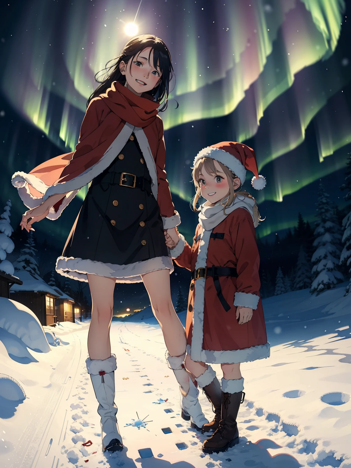     Masterpiece  ，   best quality，High image quality，(   super flat  ，   flat shading   )， fisheye lens， beautiful petite trained young mother and her very adorable little trained daughter:1.25，    warm scarf， Santa Claus Outfit ，Christmas anime style costume ，(naked)，  long hair，    boots，smile, smile，White Breath:1.2，fun, play, winter, snow, 新snow，dusk，   Beautiful Sunsets   ，   Aurora，Wide angle,       bright color , watercolor,   Ghibli style，Strong winds，      girl&#39;Lure，