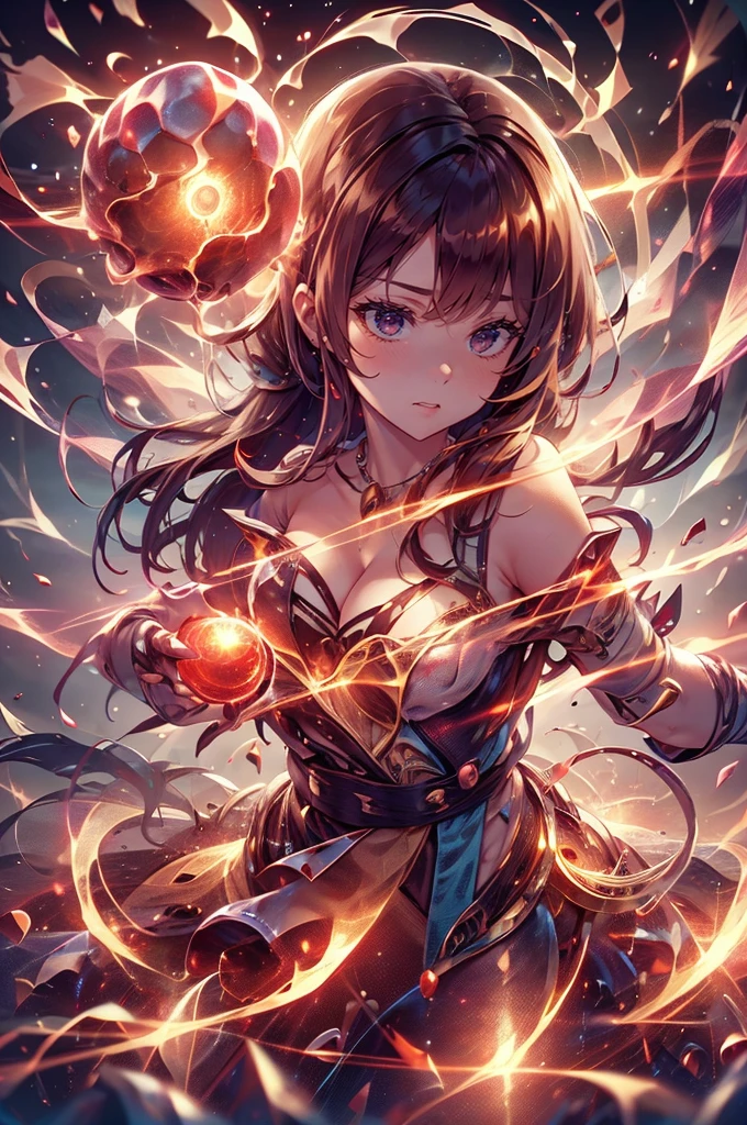 1girl,solo,cute,wizard,robe,cleavage,hold a fireball,red fireball on each hands,around fire aura,perfect hands,perfect finger,explosionmagic,glowing aura