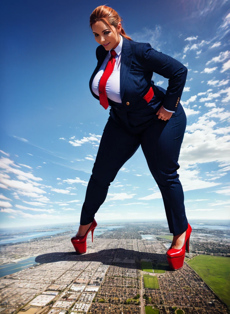 Giantess art 1:4, highly detailed giantess shots, giant ginger bbw white woman full body view, giga giantess, giantess art massive compared to a city,  huge breasts, light navy blue pinstriped suit white tailored shirt done up thick and very large Windsor knot navy blue tie, ties length reaches trousers, Has ponytail   Wearing a pair of  red polished platform heels Professional attire A look of enjoyment, Beautiful appearance, smile,  (view from the ground)giga goddess, full body view, stepping on skyscarpers, viewed from a tiny croud in the city