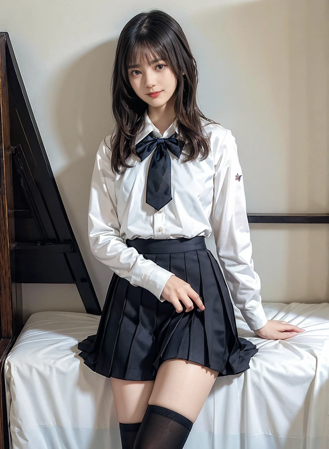 ((Photo Quality))、((Bokeh in the background、Lens aperture f1.8))、(18year old)、clinic、drapes、女の子 1 人、((student clothes))、lying on one's side on bed、Put your head on the pillow、Hospital Beds、​masterpiece、top-quality、A highly detailed、Dark blue pleated skirt、((White panty))、((lift up skirt))、White button shirt、long slender legs、(((Opening legs:1.4)))、Small buttocks