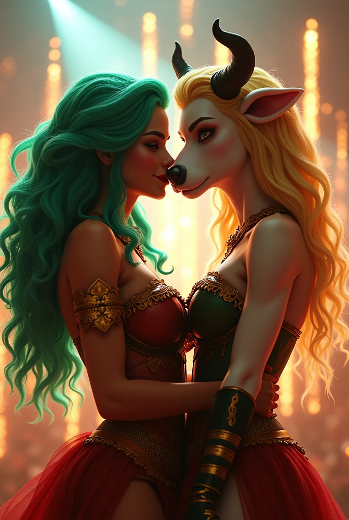 kissing girls, furry, anthro, female, naked, mouse, small breasts, thin body, young, standing on stage, with slave collar, legs spread, blushing face, mouth open, tongue hanging out, lewd, rubbing breasts, hugging partenr, at night, with torch light, fantasy brothel stage , super detail, masterpiece, super detail, high quality, high resolution, high detail, messy hair, with crowd of naked onlookers