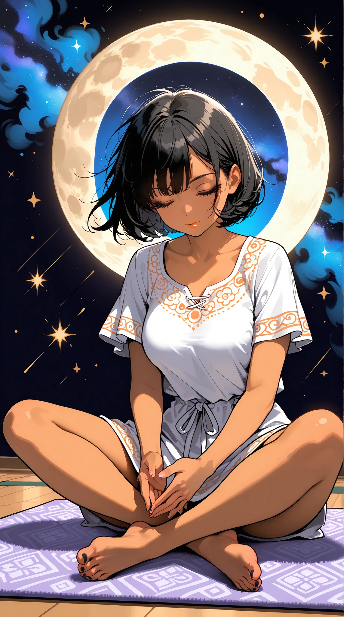 8k, (masterpiece), best quality, perfect face,perfect body, 1 woman, 1female, solo,detailed skin, tan skin, 1girl, solo, black hair, bangs,casual shirt, sitting cross-legged on a yoga mat in a modern living room, meditating, curvy, brown eyes, closed eyes, black hair, bob cut, curly hair, messy hair, side bangs, medium breasts, closed eyes, dark-skinned female, dark skin,  badass, beautiful face, black eyeliner, lips, (bare-foot), black toes nailed, dynamic angle ,, focus feet, toes nailed, view on feet, with soft lighting and warm colors, concentration, focus, energy, aura, full body, psychedelic style, flat lineart, bold lines, monochrome, 1lady, solo, full body, front view, meditation pose, crossed legs, yoga, closed eyes, long eyelashes, folded hands, wears a boho tunic, intricate (paisley pattern), bare legs, collarbone, flying hair, sitting on a flying patchwork rug, color pop, simple background, stars, moon, milky way,, detailed lineart, TRADITIONAL MEDIA, SKETCH