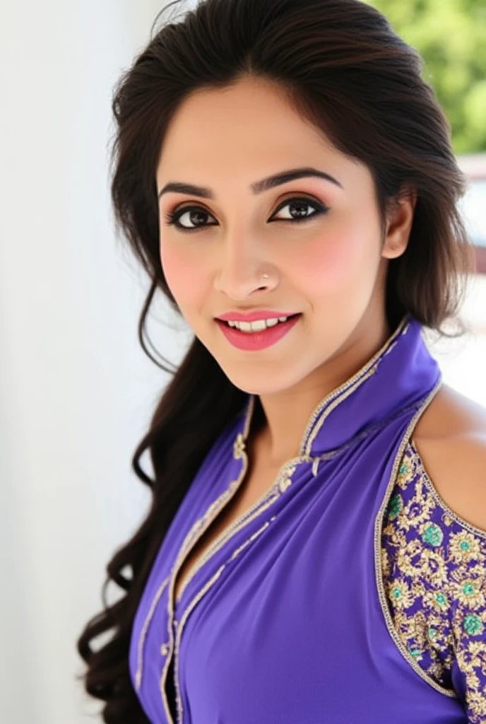 a close up of a woman in a purple outfit smiling, candid picture, actress, in simple background, very beautiful enga style, with a seductive smile, sunny leone, candid photo, indian super model, wearing gorgeous clothing, candid shot, cleavage, female camila mendes, candid portrait photo, wearing beautiful clothes, wearing an ornate outfit, blue colored traditional wear, ad image
