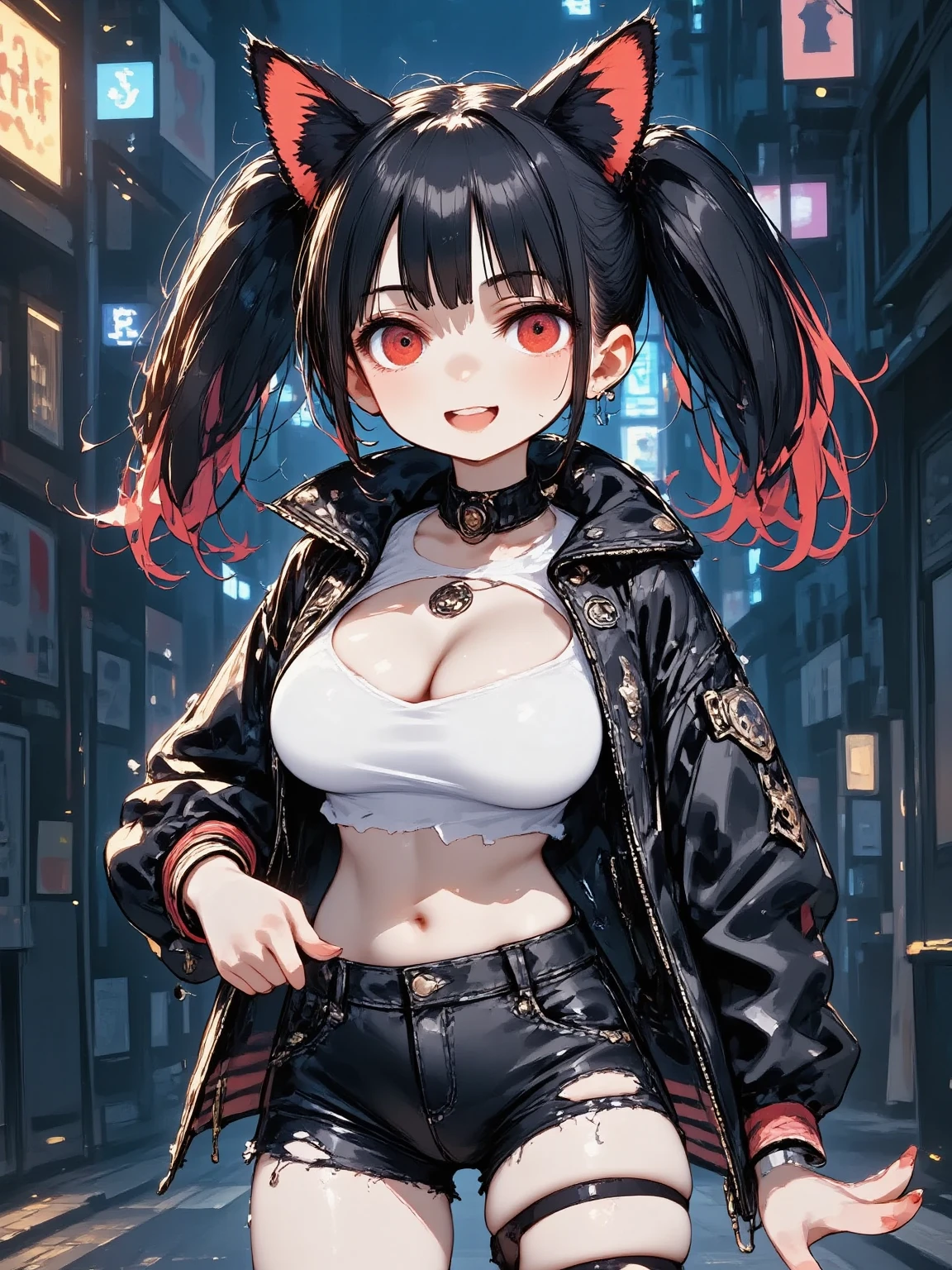 1girl\(cute,kawaii, charming, fascinating, bewitching, evil smile, smirk,evil face, fang, black hair,naughty smile, long hair, twin tails hair, pale skin, white skin, red eyes, eyes shining, big eyes, big breast, perky breast, punk fashion, ripped clothes, white tight tube top, tight hot pants, stomach shown, ripped black short jacket, fluffy black cat-ear, spiral eyes,eyes spiraled, bang, hands in pocket\), background\(outside, noisy city, backstreet, narrow street, neon lights, at midnight\),3d render, portraits, bust-up shot, from above, niji style, slight abdominal muscles,very close up of face,,zoom up girl, great focus, great bokeh,dynamic camera angle,punky costume,bags under eyes,taken by Kodak MC3 camera, correct hands,perfect hands