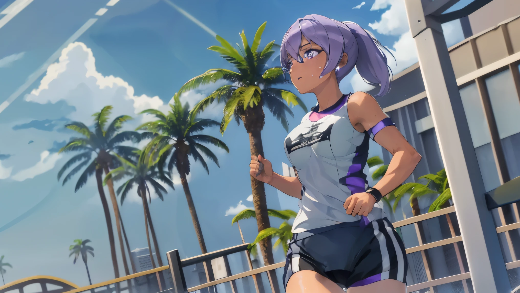 8k, masterpiece, hayatedol, 1girl, (solo:1.3), detailed blue eyes, purple hair, dark-skinned female, dark skin, ponytail, (medium breasts), short hair, (gym wear:1.3), training, (wireless bluetooth earbuds:1.3), (running:1.2), (jogging:1.2), sweat, dynamic light, morning, dynamic angle, palm tree, beach