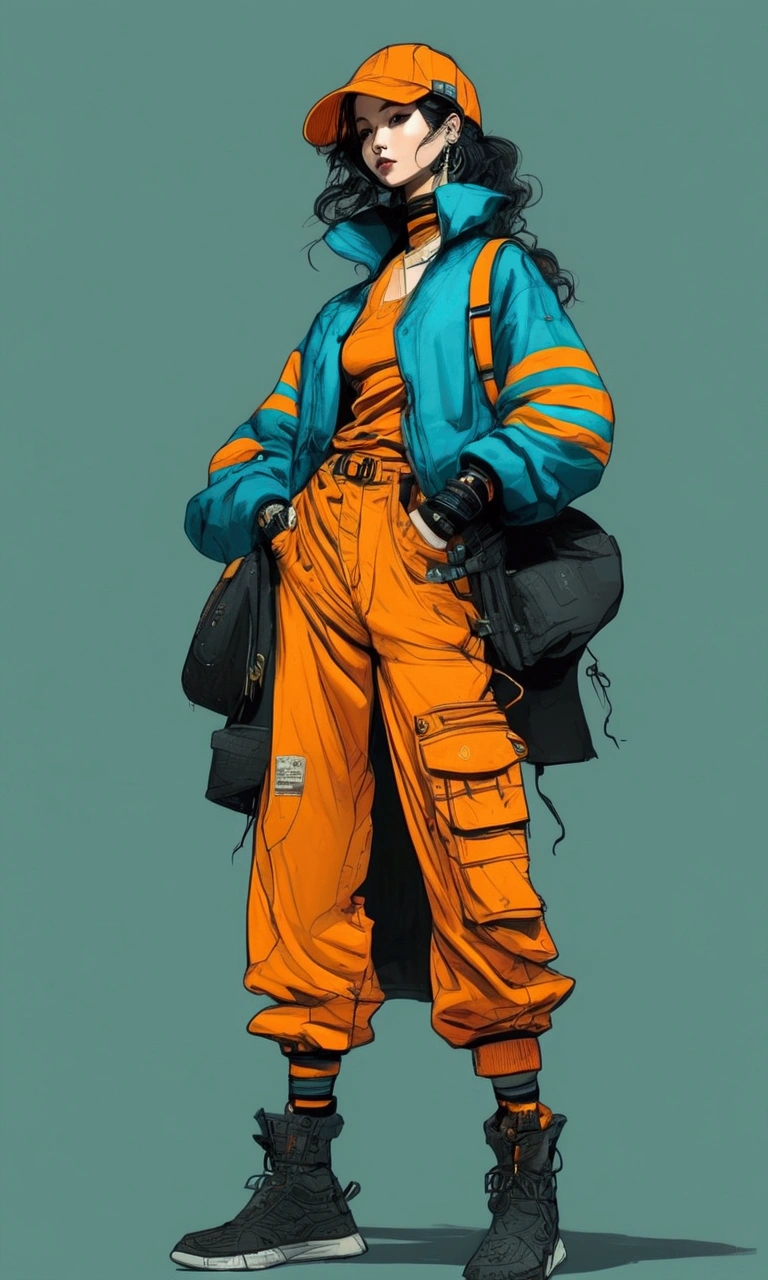    takes full body   ,     a woman wearing a jacket and wide black pants with a hat with visor black sneakers with orange stripes,   long strap straps on jacket and pants Cyberpunk art by Russell Dongjun Lu  , Trend in CG Society, arte digital, Cyberpunk streetwear,  Techwear appearance and clothing  , wearing Cyberpunk streetwear,   Technological clothing of the future  , futuristic techwear,  cyberpunk style ,  Cyberpunk technical clothing , technological fashion ,   Cyberpunk character design  , cyberpunk clothing,    vector art by Yamagata Hiro   ,  Trend in CG   , esteticismo,  in blue and yellow clothes , anime    Full body illustration   ,    Full body illustration   ,    illustration style   ,   bright and cheerful colors ,  clothing warm colors , Phone background, y2k style, y2k style,   beautiful art style  